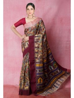 Unnati Silks - Multi- Color Pure Handloom Pen Kalamkari Print Tussar Jute Saree