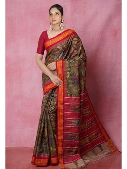 Unnati Silks - Green Pure Handloom Pen Kalamkari Print Tussar Jute Saree