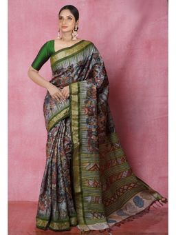 Unnati Silks - Grey Pure Handloom Pen Kalamkari Print Tussar Jute Saree