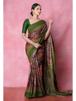 Unnati Silks - Maroon Pure Handloom Pen Kalamkari Print Tussar Jute Saree