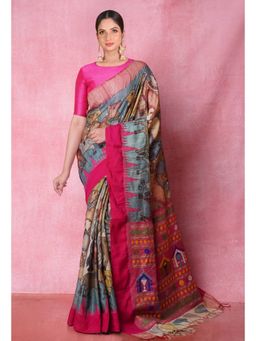 Unnati Silks - Blue Pure Handloom Pen Kalamkari Print Tussar Jute Saree