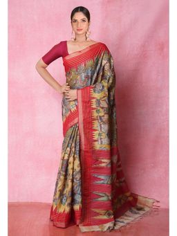 Unnati Silks - Multi- Color Pure Handloom Pen Kalamkari Print Tussar Jute Saree