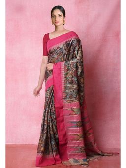 Unnati Silks - Multi- Color Pure Handloom Pen Kalamkari Print Tussar Jute Saree