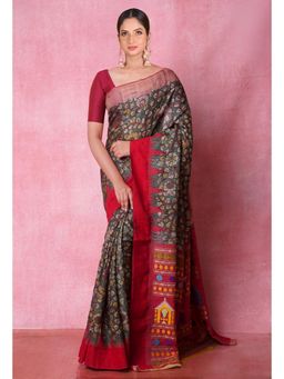 Unnati Silks - Green Pure Handloom Pen Kalamkari Print Tussar Jute Saree