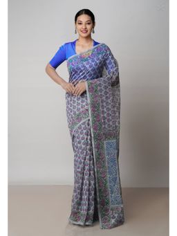 Unnati Silks - Blue Block Printed Meghalaya Supernet Saree with Unstitched Blouse