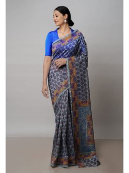 Unnati Silks - Grey Block Printed Meghalaya Supernet Saree with Unstitched Blouse
