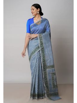 Unnati Silks - Grey Block Printed Meghalaya Supernet Saree with Unstitched Blouse