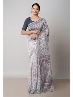 Unnati Silks - Off White Block Printed Meghalaya Supernet Saree with Unstitched Blouse