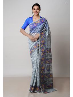 Unnati Silks - Grey Block Printed Meghalaya Supernet Saree with Unstitched Blouse