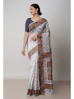 Unnati Silks - Off White Block Printed Meghalaya Supernet Saree with Unstitched Blouse