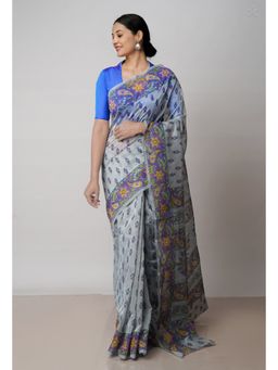 Unnati Silks - Grey Block Printed Meghalaya Supernet Saree with Unstitched Blouse