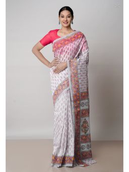 Unnati Silks - Off White Block Printed Meghalaya Supernet Saree with Unstitched Blouse