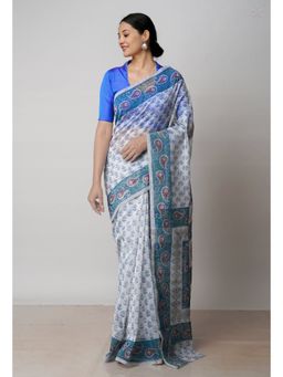 Unnati Silks - Off White Block Printed Meghalaya Supernet Saree with Unstitched Blouse