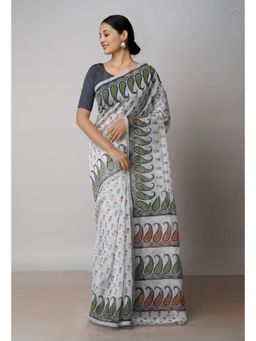 Unnati Silks - Off White Block Printed Meghalaya Supernet Saree with Unstitched Blouse