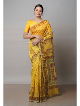 Unnati Silks - Yellow Block Printed Meghalaya Supernet Saree with Unstitched Blouse