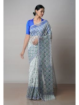 Unnati Silks - Off White Block Printed Meghalaya Supernet Saree with Unstitched Blouse