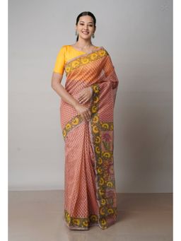 Unnati Silks - Salmon Pink Block Printed Meghalaya Supernet Saree with Unstitched Blouse