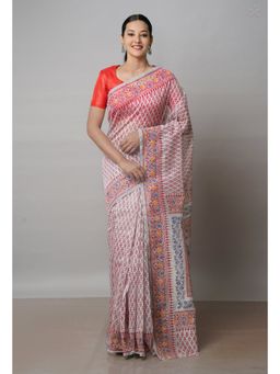 Unnati Silks - Off White Block Printed Meghalaya Supernet Saree with Unstitched Blouse