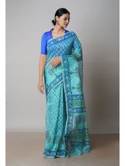 Unnati Silks - Tiffany Blue Block Printed Meghalaya Supernet Saree with Unstitched Blouse