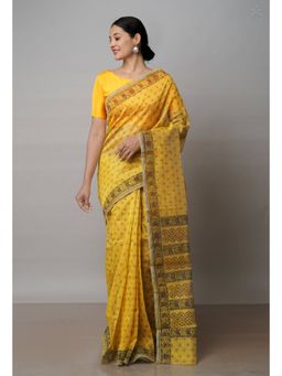 Unnati Silks - Yellow Block Printed Meghalaya Supernet Saree with Unstitched Blouse