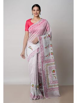 Unnati Silks - Off White Block Printed Meghalaya Supernet Saree with Unstitched Blouse
