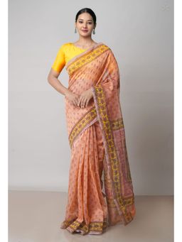Unnati Silks - Salmon Orange Block Printed Meghalaya Supernet Saree with Unstitched Blouse
