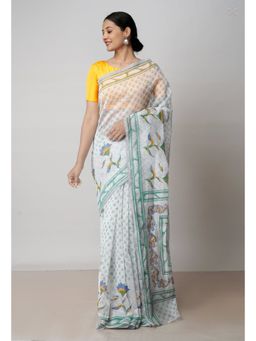 Unnati Silks - Off White Block Printed Meghalaya Supernet Saree with Unstitched Blouse