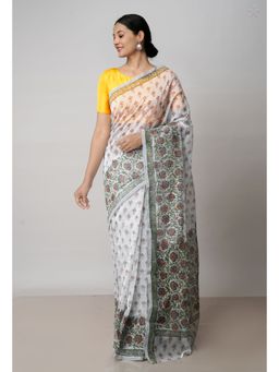 Unnati Silks - Off White Block Printed Meghalaya Supernet Saree with Unstitched Blouse