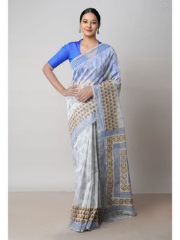 Unnati Silks - Off White Block Printed Meghalaya Supernet Saree with Unstitched Blouse
