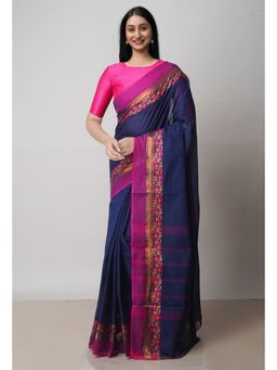 Unnati Silks - Navy Blue Pure Handloom Pavani Cotton Saree with Unstitched Blouse