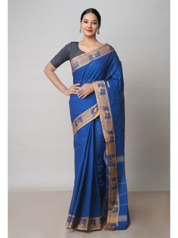 Unnati Silks - Navy Blue Pure Handloom Pavani Cotton Saree with Unstitched Blouse