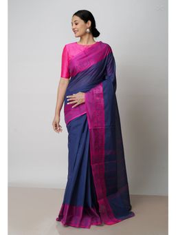 Unnati Silks - Navy Blue Pure Pavani Handcrafted Kanchi Cotton Saree with Unstitched Blouse