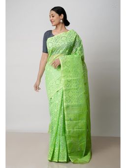Unnati Silks - Parrot Green Pure Handloom Dhaka Jamdani Bengal Cotton Saree