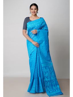 Unnati Silks - Blue Pure Handloom Dhaka Jamdani Bengal Cotton Saree