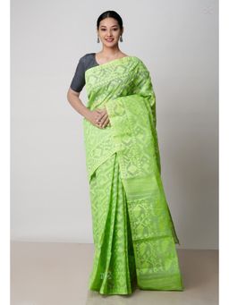 Unnati Silks - Parrot Green Pure Handloom Dhaka Jamdani Bengal Cotton Saree