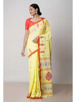Unnati Silks - Pale Yellow Pure Handloom Dhaka Jamdani Bengal Cotton Saree