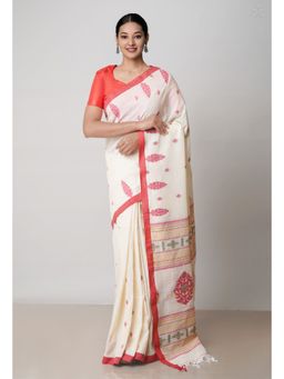 Unnati Silks - Cream Pure Handloom Dhaka Jamdani Bengal Cotton Saree