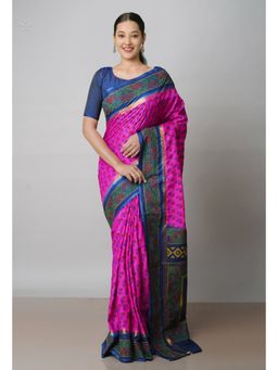 Unnati Silks - Pink Dyed Printed Summer Bangalore Soft Silk Saree with Unstitched Blouse