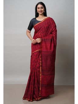 Unnati Silks - Rosewood Red Art Chanderi Bagh Printed Cotton Saree with Unstitched Blouse