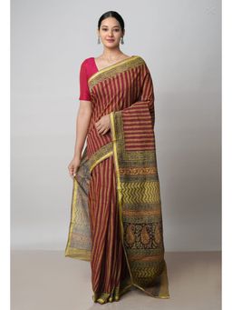 Unnati Silks - Wine Red Art Chanderi Bagh Printed Cotton Saree with Unstitched Blouse