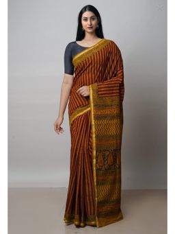 Unnati Silks - Wine Red Art Chanderi Bagh Printed Cotton Saree with Unstitched Blouse