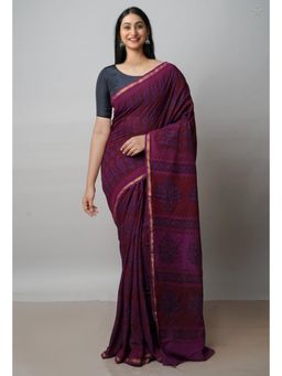 Unnati Silks - Wine Art Chanderi Bagh Printed Cotton Saree with Unstitched Blouse