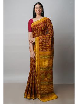 Unnati Silks - Wine Art Chanderi Bagh Printed Cotton Saree with Unstitched Blouse
