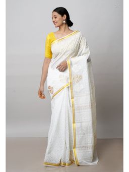 Unnati Silks - White Pure Banarasi Kota Embroidered Kota Saree with Unstitched Blouse