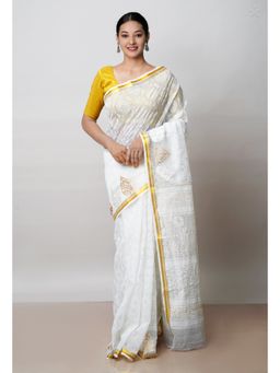 Unnati Silks - White Pure Banarasi Kota Embroidered Kota Saree with Unstitched Blouse