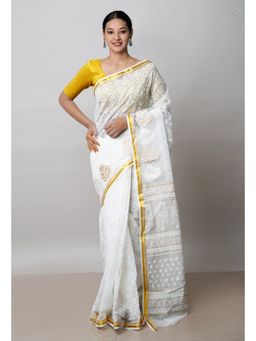 Unnati Silks - White Pure Banarasi Kota Embroidered Kota Saree with Unstitched Blouse