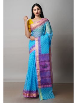 Unnati Silks - Blue Pure Block Printed Kota Cotton Saree with Unstitched Blouse