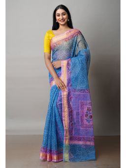 Unnati Silks - Blue Pure Block Printed Kota Cotton Saree with Unstitched Blouse