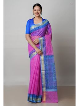 Unnati Silks - Pink Pure Block Printed Kota Cotton Saree with Unstitched Blouse