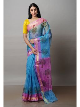 Unnati Silks - Blue Pure Block Printed Kota Cotton Saree with Unstitched Blouse
